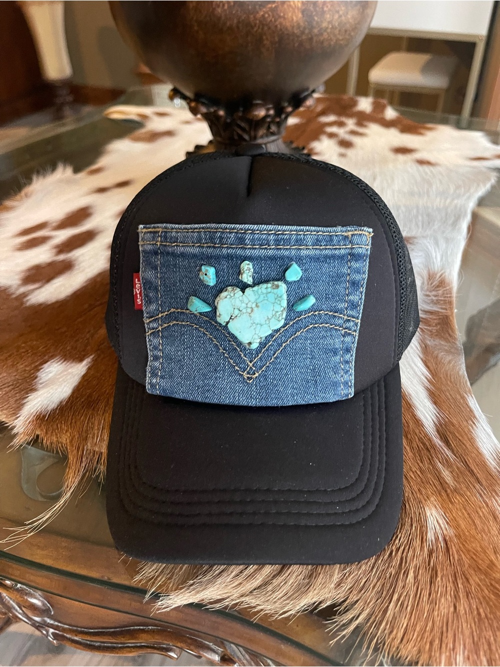 Black Trucker Hat with Denim Pocket & Turquoise Accent